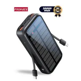 Powerbank Solaire - Promate Ecolight solar - 20000mAh - câbles USB-C et Lightning intégrés - 5 en 1 - 20Watts - Garantie 6 mois En Stock (10)